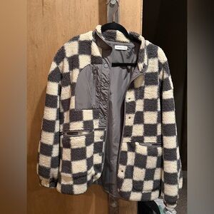 Cozy Checkered Teddy Jacket in  Grey and  Cream/White
